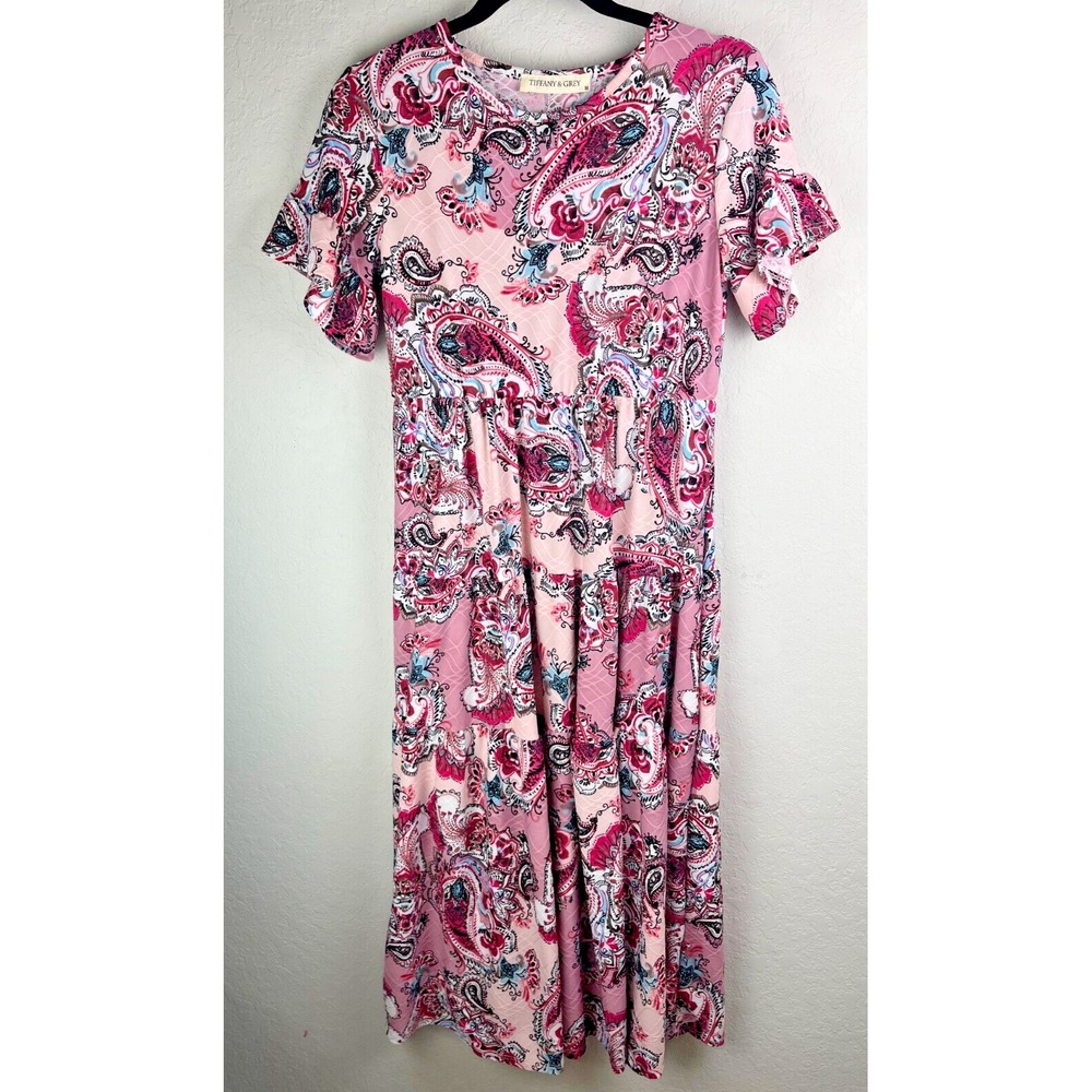 Tiffany & Grey Pink Paisley Midi Dress‎ Ruffle Sleeve Pullover Stretch Women's M